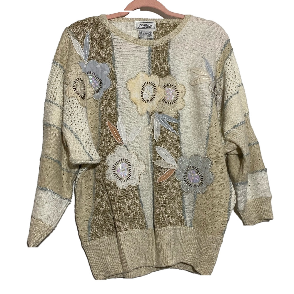 JS Fashion  women’s beige crewneck pullover sequins floral beads knitted sweater